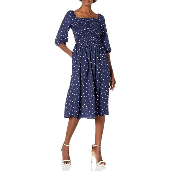 Gabby Skye NWT Smock Blue Polka Dot Dress. Women's 10. White. Summer. - Picture 1 of 7